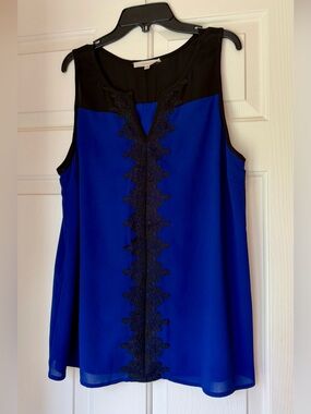 41 Hawthorn Royal Blue Sleeveless Blouse Black Lace Trim Mesh Yoke XL